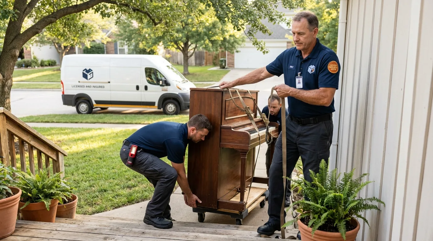 Licensed piano movers securing grand piano in Wethersfield, CT